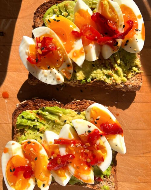 Sprouted Whole Grain Toast with Avocado and Jammy Eggs