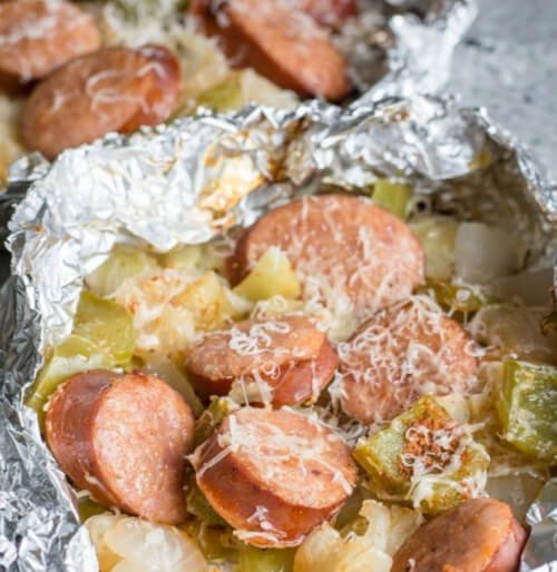 camping with Keto Cabbage with Sausage Foil Packs